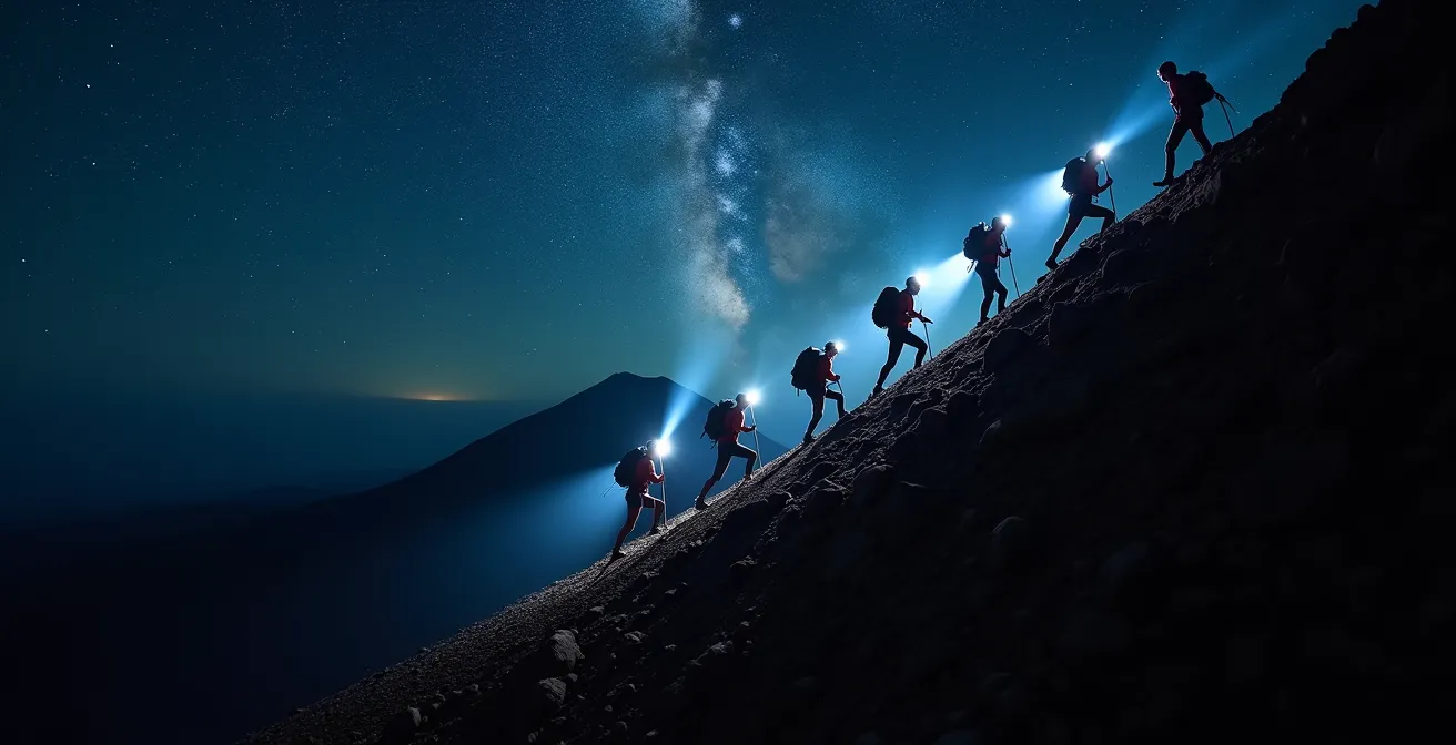 Montañeros ascendiendo el Monte Meru durante la noche con linternas frontales iluminando el sendero volcánico