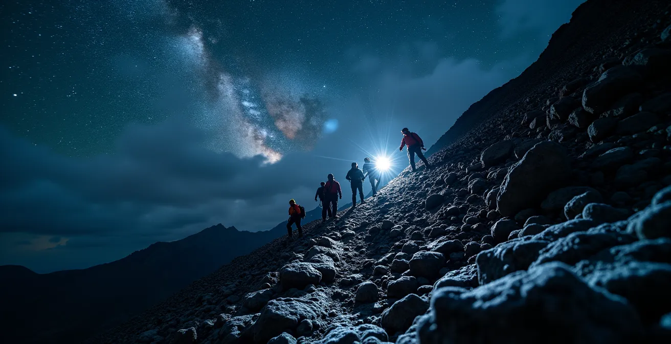 Senderistas ascendiendo de noche al Kilimanjaro con linternas frontales