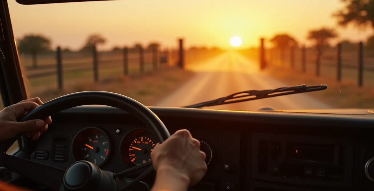 Vista interior de vehículo safari mostrando reloj del salpicadero al atardecer con puerta del campamento en la distancia