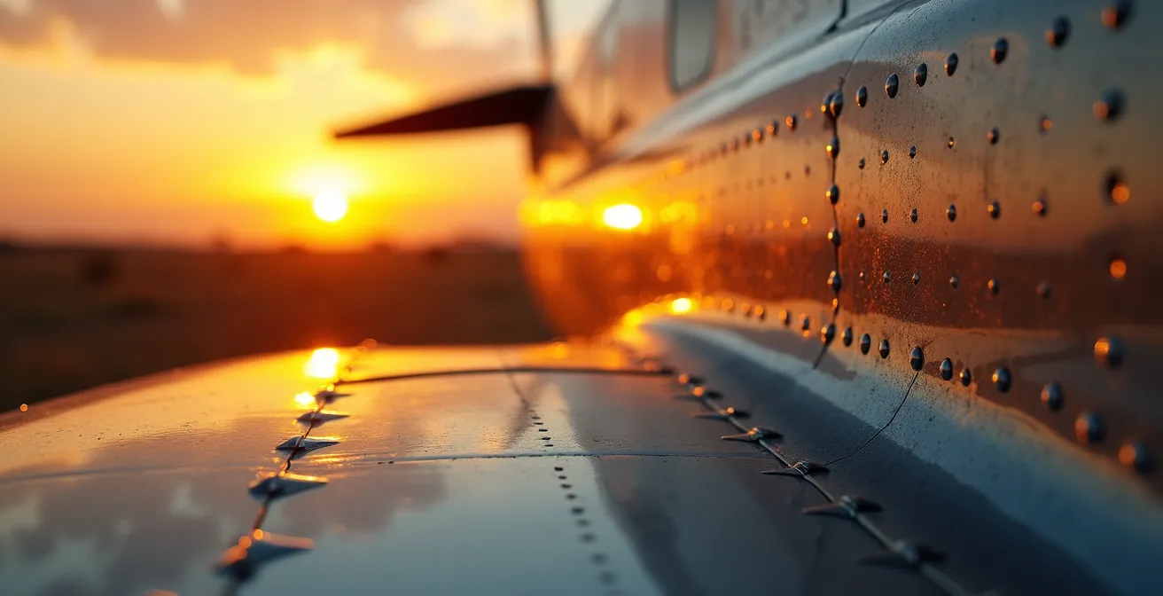 Pequeña avioneta sobrevolando sabana africana al atardecer con sombras dramáticas