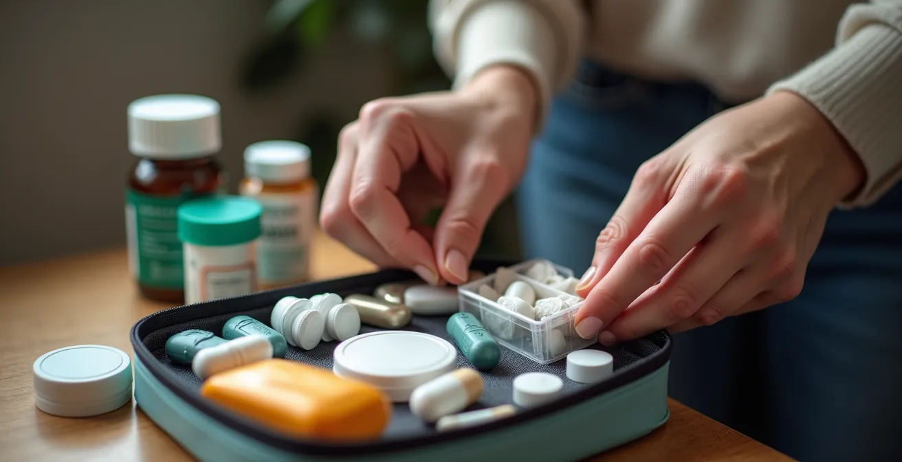 Botiquín de viaje con medicamentos esenciales organizados para viaje a África