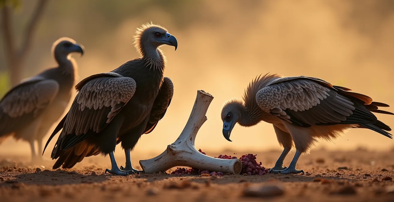 Buitres africanos alimentándose en orden jerárquico alrededor de una carcasa