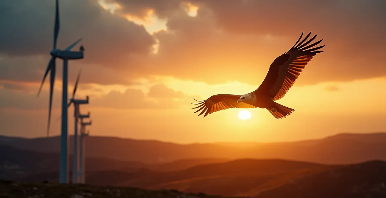 Buitres leonados volando cerca de aerogeneradores en el Estrecho de Gibraltar, simbolizando el conflicto entre la conservación y las energías renovables.