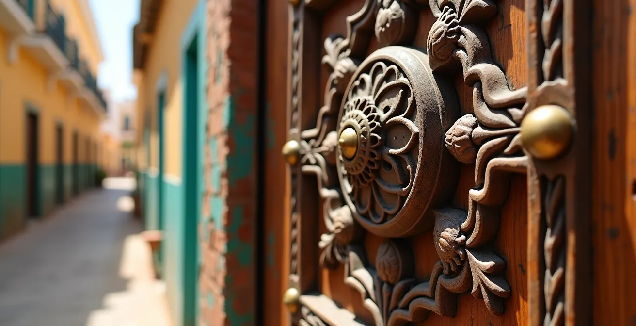 Callejón estrecho de Stone Town con antiguas puertas de madera tallada y arquitectura swahili