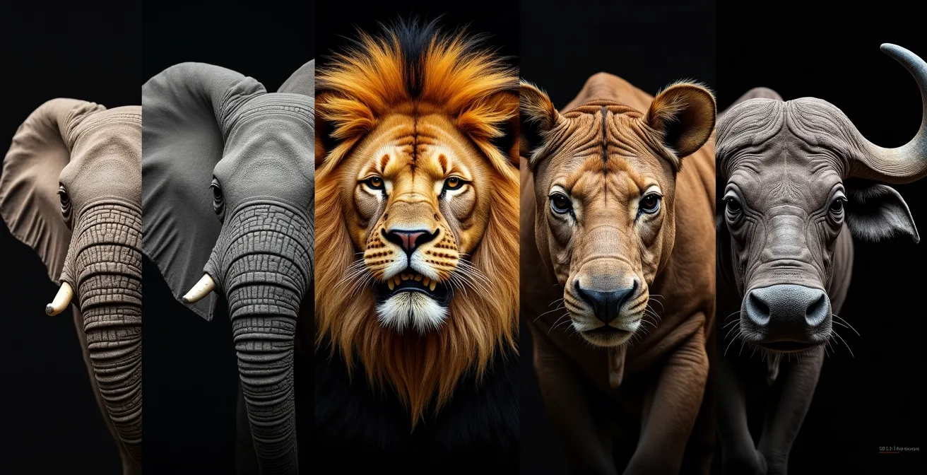 Composición macro de texturas de los Cinco Grandes: piel de elefante, melena de león, cuerno de rinoceronte, pelaje de leopardo y piel de búfalo