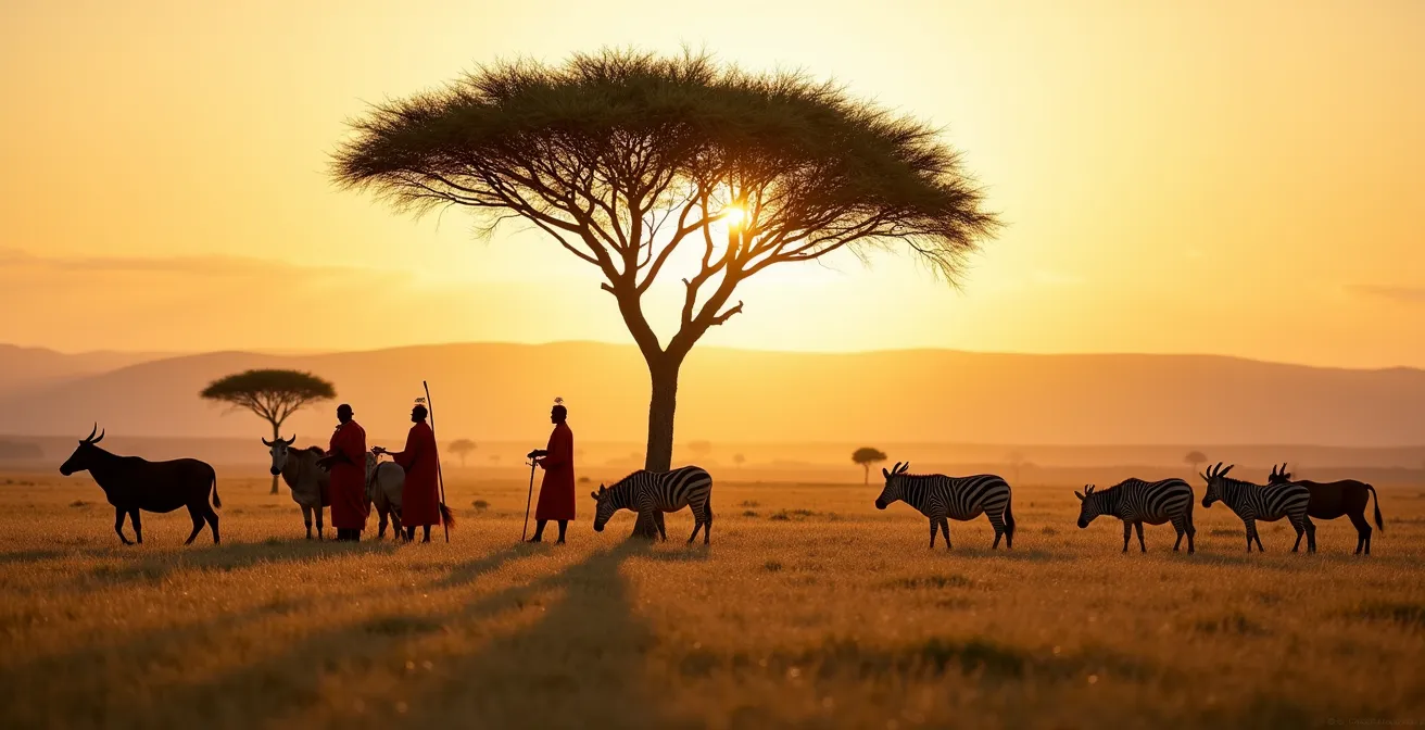 Pastores masái con su ganado coexistiendo con fauna salvaje en la sabana