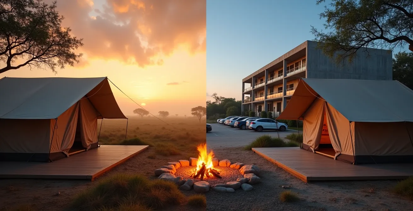 Vista dividida mostrando campamento dentro del parque al amanecer versus hotel fuera al atardecer