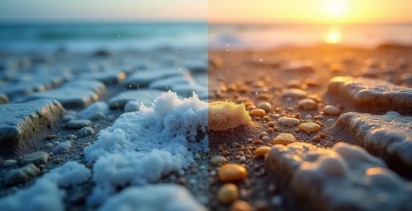 Díptico fotográfico mostrando diferencias de luz entre amanecer brumoso y atardecer nítido en costa