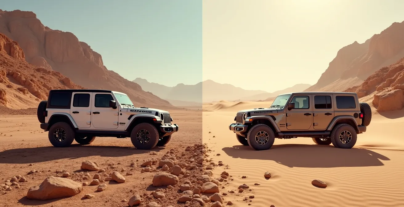 Vista lateral de dos vehículos 4x4 en dunas doradas del desierto