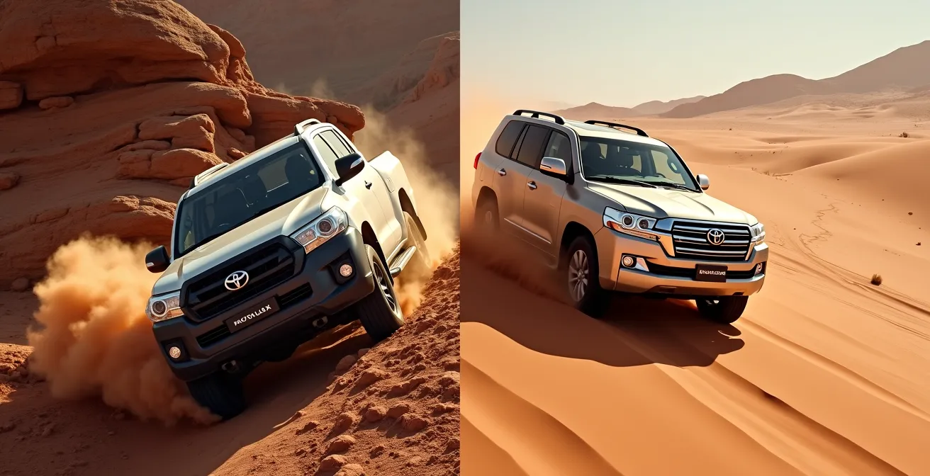 Vista lateral de Toyota Hilux y Land Cruiser en dunas namibianas