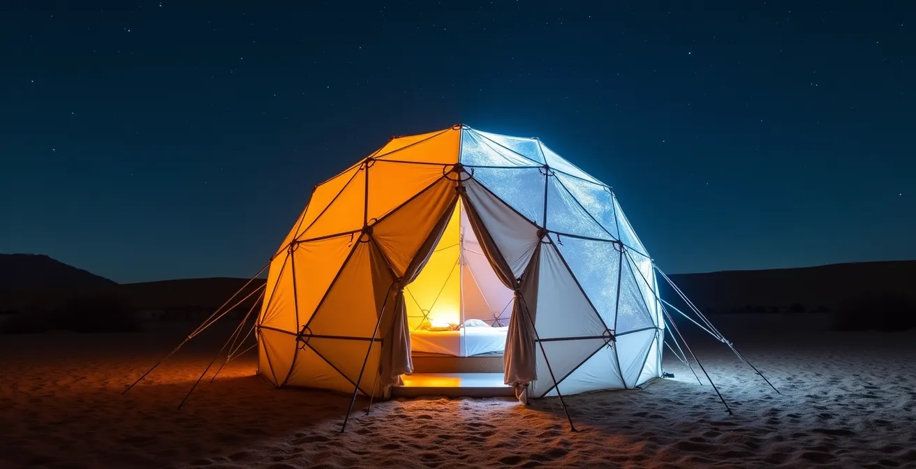 Vista dividida de tienda de lona y burbuja transparente en desierto nocturno mostrando su capacidad de aislamiento.