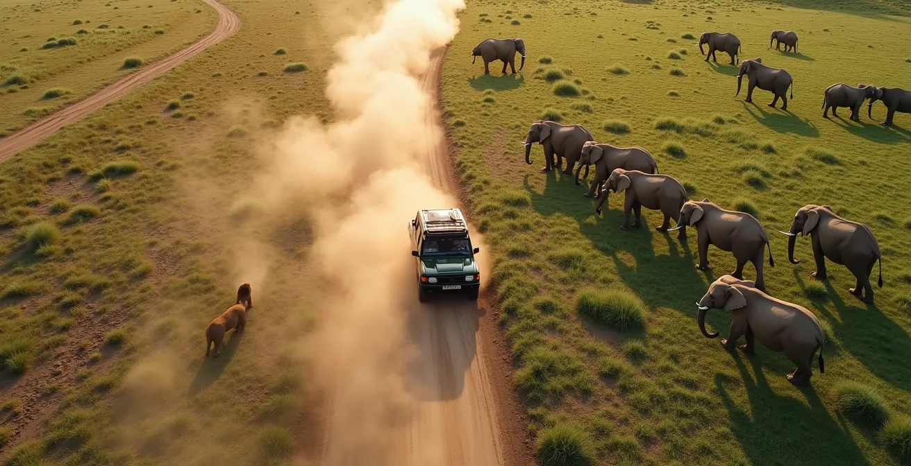 Vista aérea comparativa de dos áreas de safari mostrando una alta densidad de vehículos en un parque público y un solo vehículo en una concesión privada.