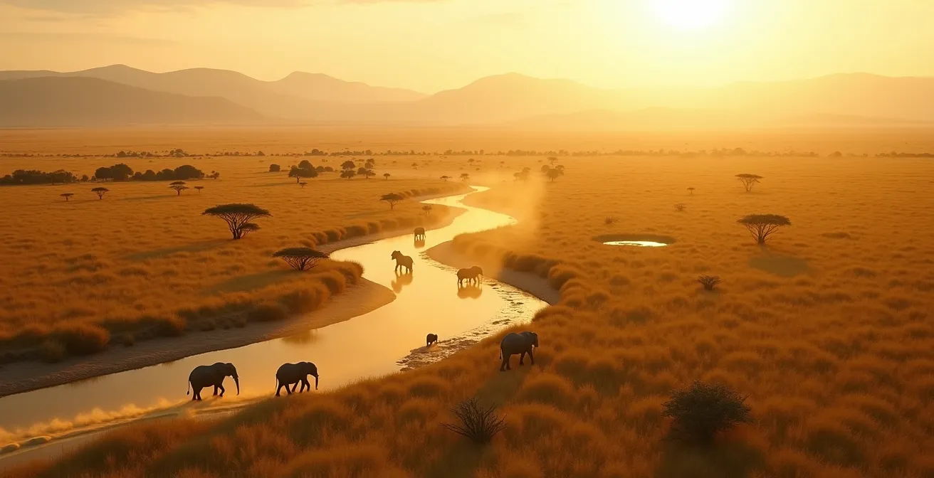 Vista aérea de corredor natural conectando reservas a través de fronteras con manada de elefantes migrando