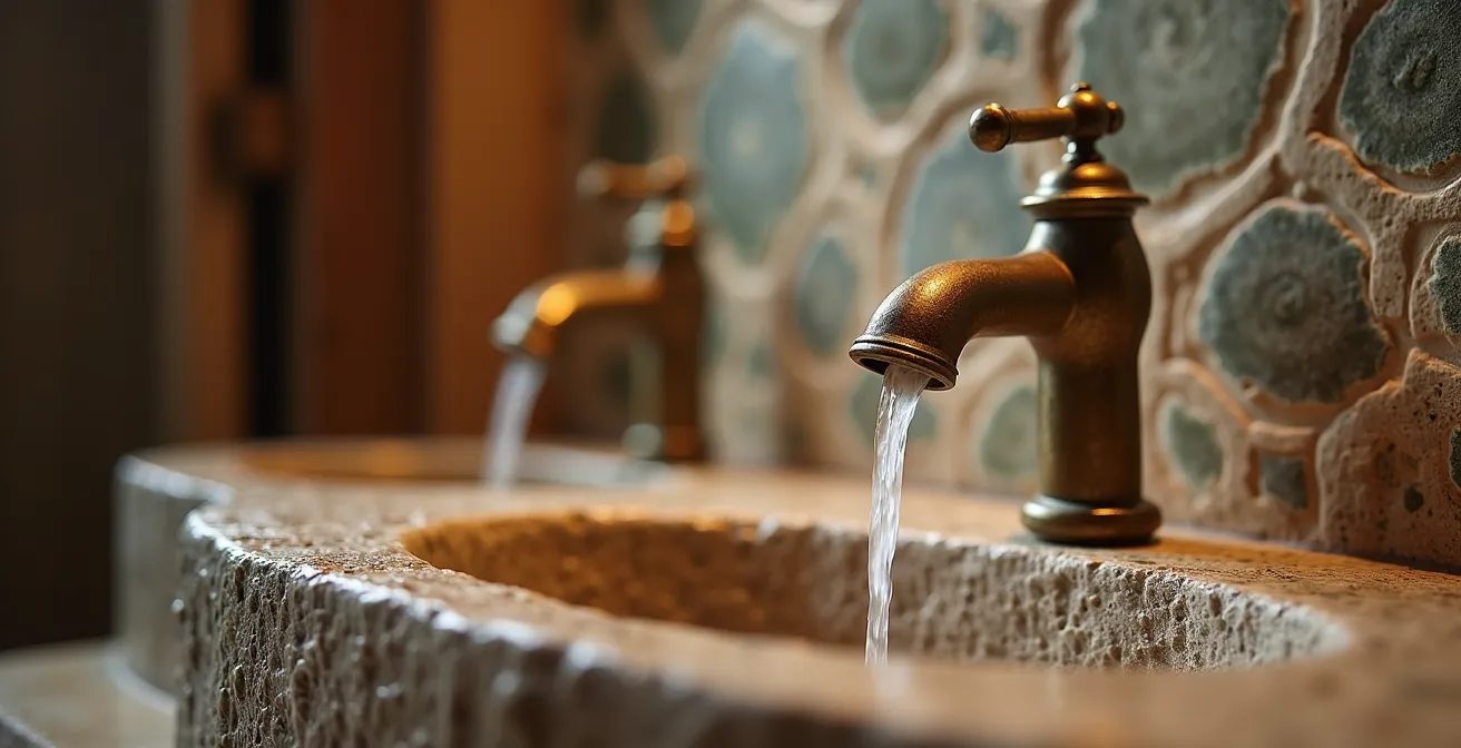 Detalle macro de grifería de diseño y materiales naturales en baño de hotel boutique rural
