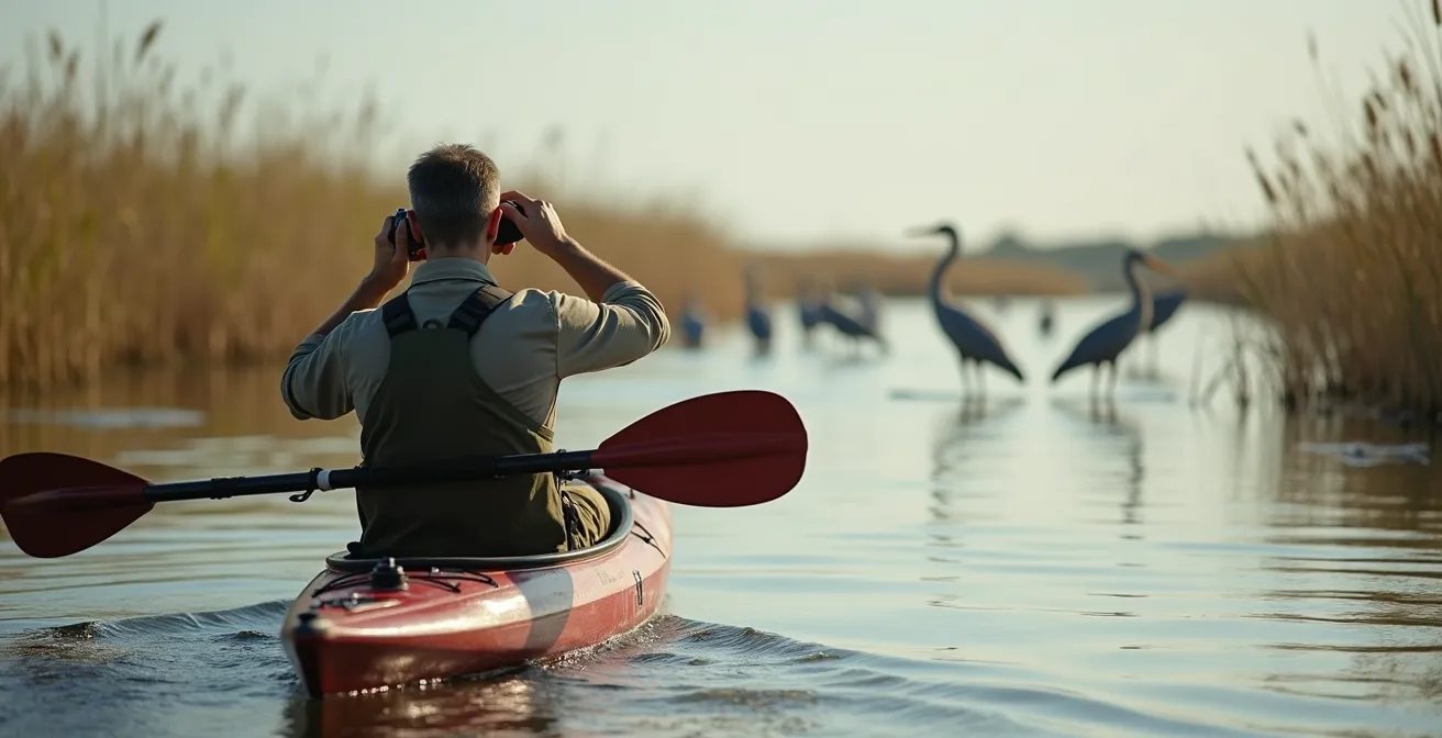 Un kayakista mantiene una distancia apropiada de una colonia de garzas en el Delta del Ebro, demostrando una buena etiqueta de observación de fauna.