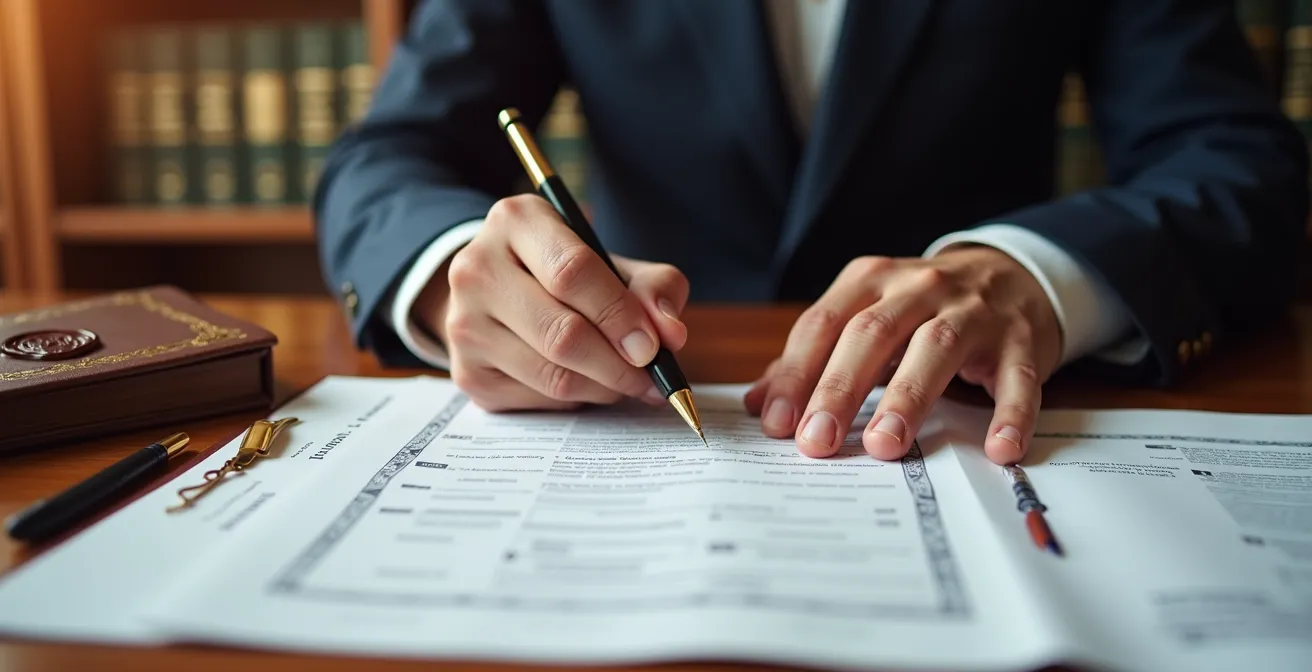 Escritorio profesional con documentos legales de viaje, sello oficial español y manos firmando contrato