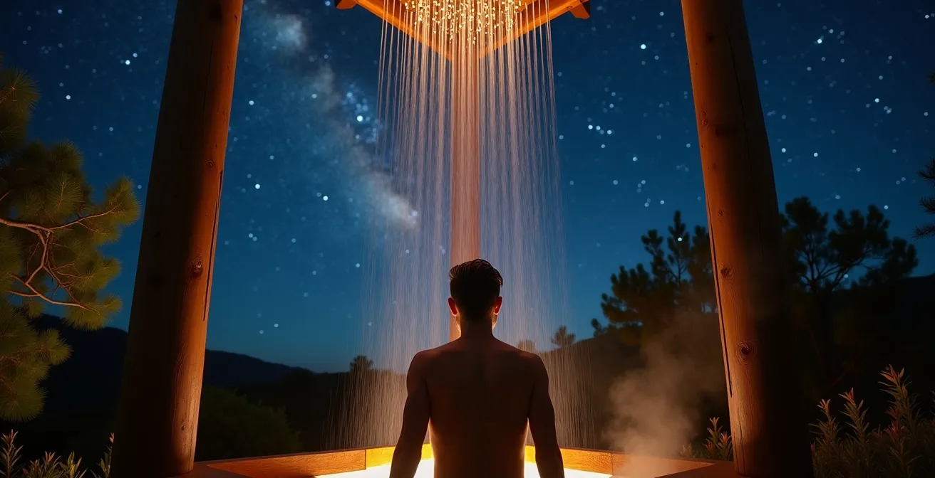 Ducha al aire libre bajo cielo estrellado en entorno natural