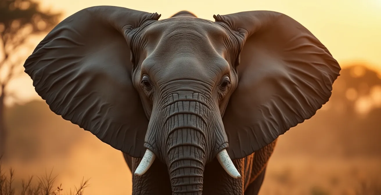 Elefante africano adulto con las orejas completamente extendidas en posición de advertencia