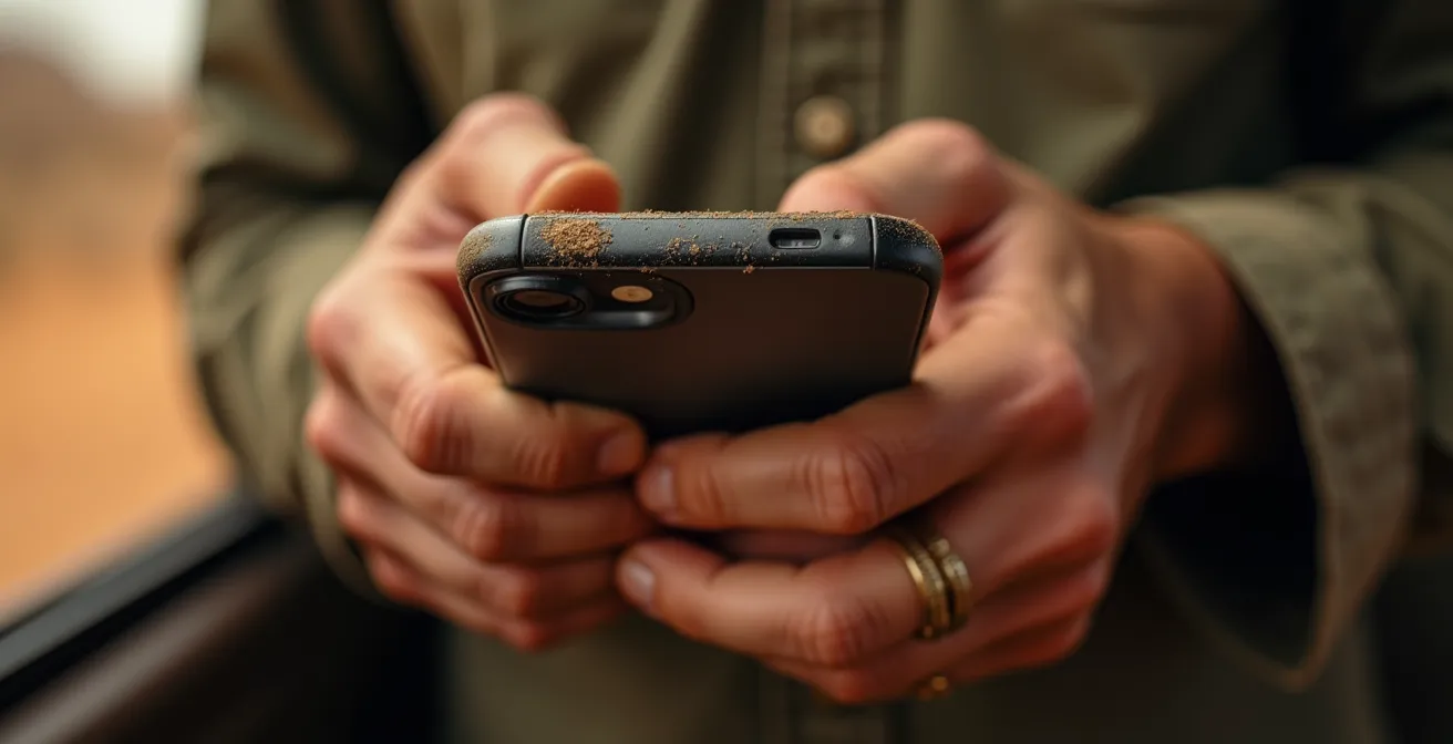 Manos de fotógrafo ajustando configuración de privacidad en smartphone durante safari