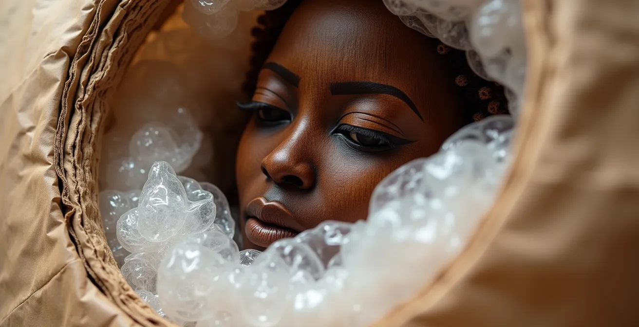 Técnica de embalaje con doble caja y espuma expansiva para escultura africana