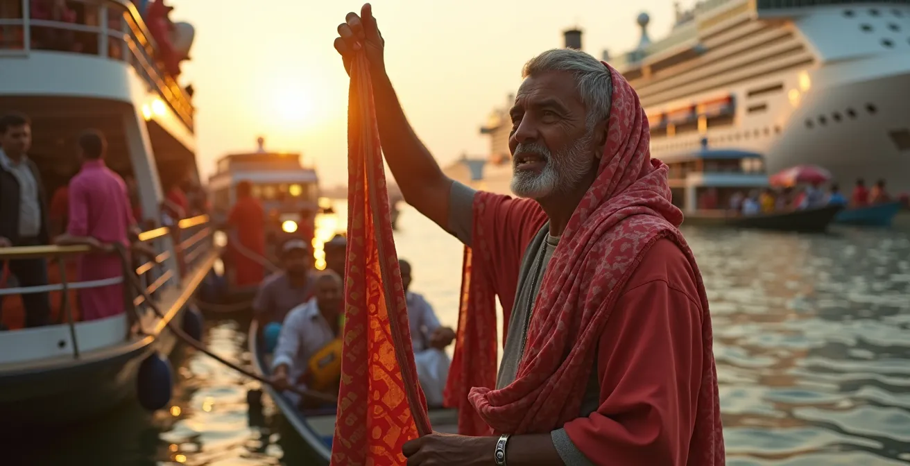 Vendedores en pequeñas barcas junto a cruceros esperando en la esclusa de Esna al atardecer