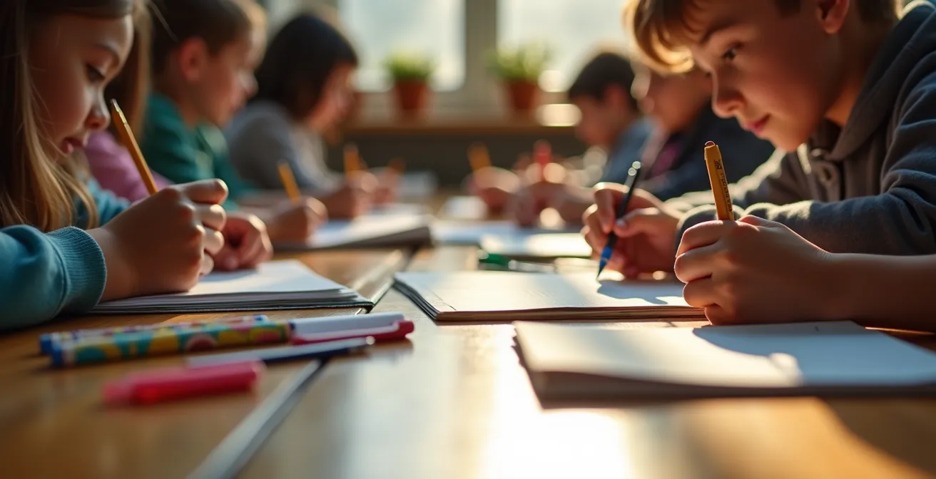 Aula escolar con materiales educativos organizados y niños aprendiendo sin interrupciones