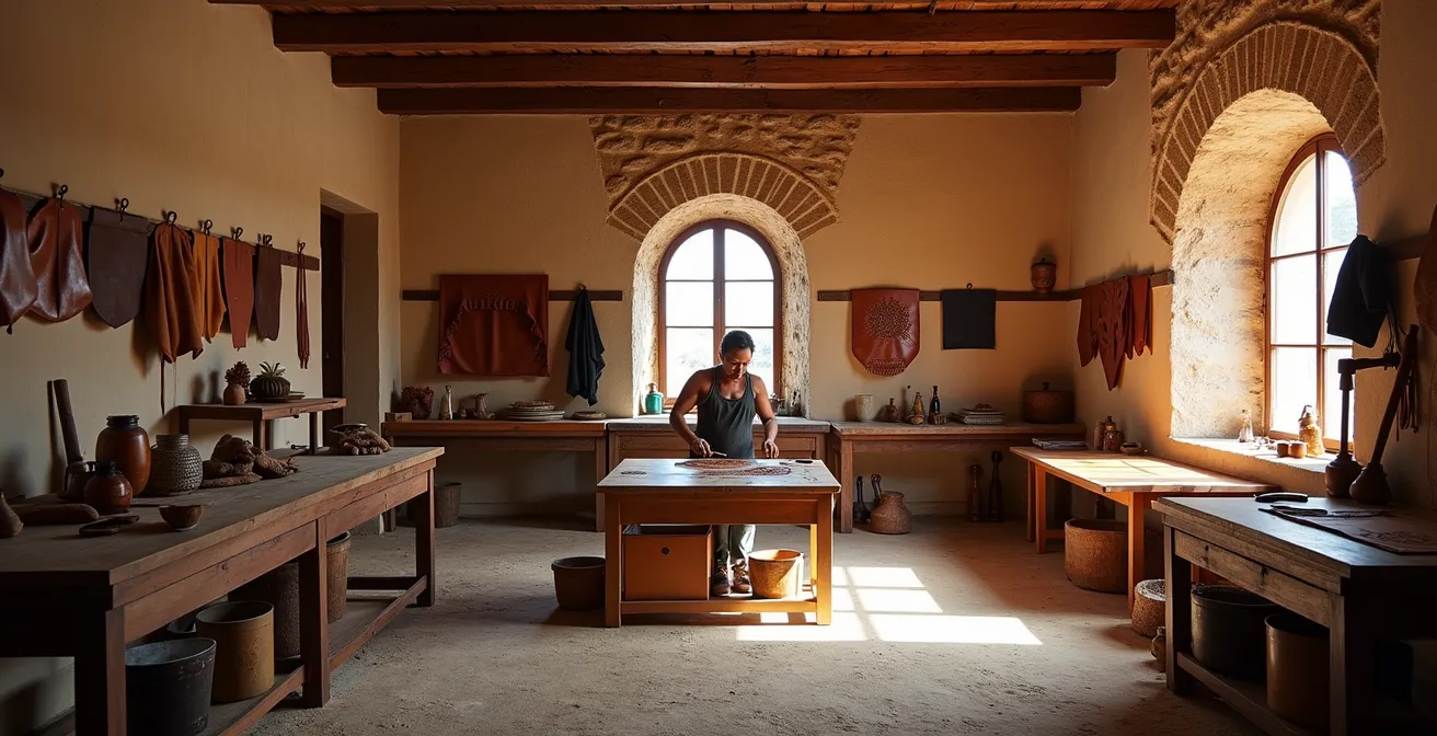 Vista amplia de taller de cuero cordobés con artesano aplicando técnica de gaufrage tradicional