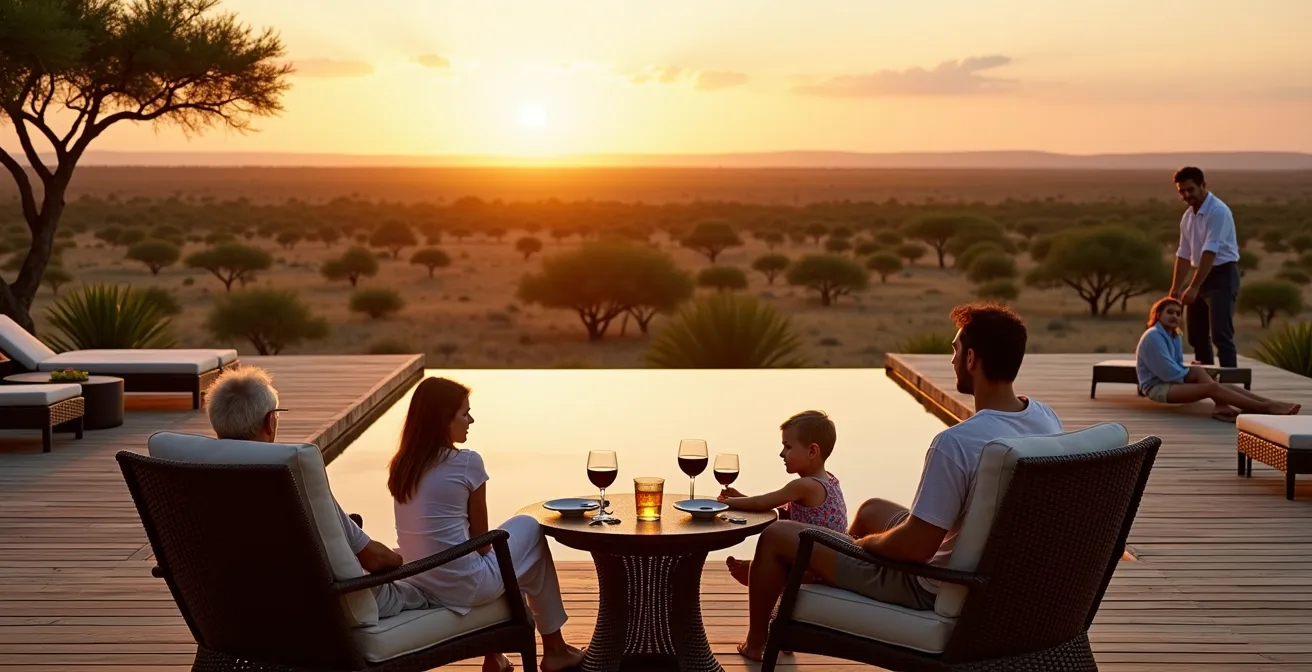 Familia multigeneracional española disfrutando en terraza de villa privada con piscina en safari africano