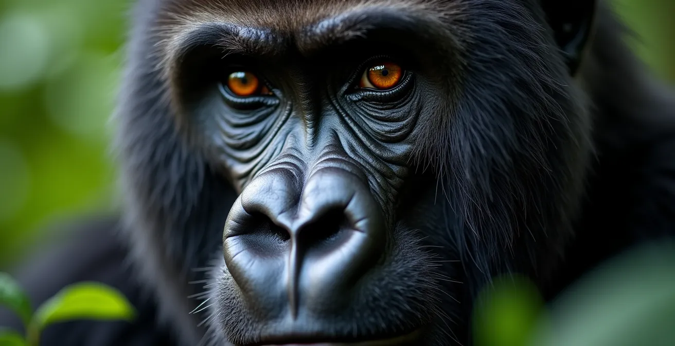 Detalle macro del rostro y pelaje de un gorila de montaña mostrando texturas naturales