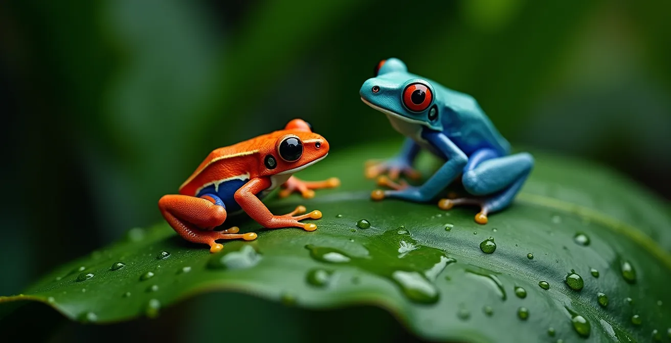 Fotografía macro extrema de una rana colorida endémica sobre hoja húmeda con gotas de rocío