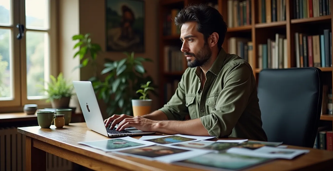 Fotógrafo de conservación trabajando en su ordenador para proteger la ubicación de especies amenazadas