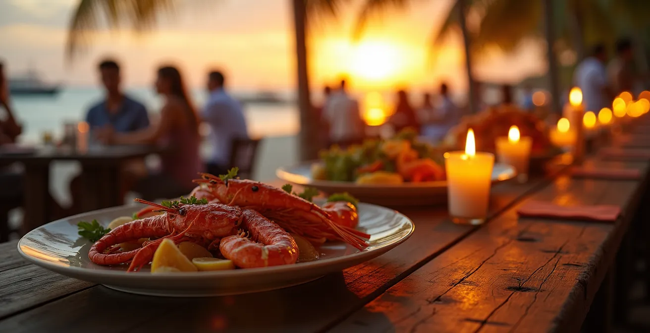 Mesa con mariscos frescos a la parrilla en un restaurante local de la playa de Nungwi al atardecer