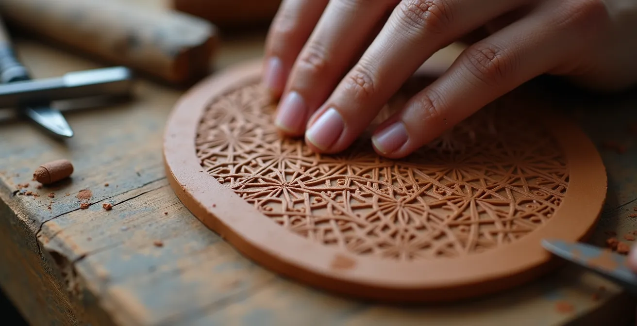 Detalle macro de manos trabajando patrón geométrico en azulejo mudéjar con herramientas tradicionales