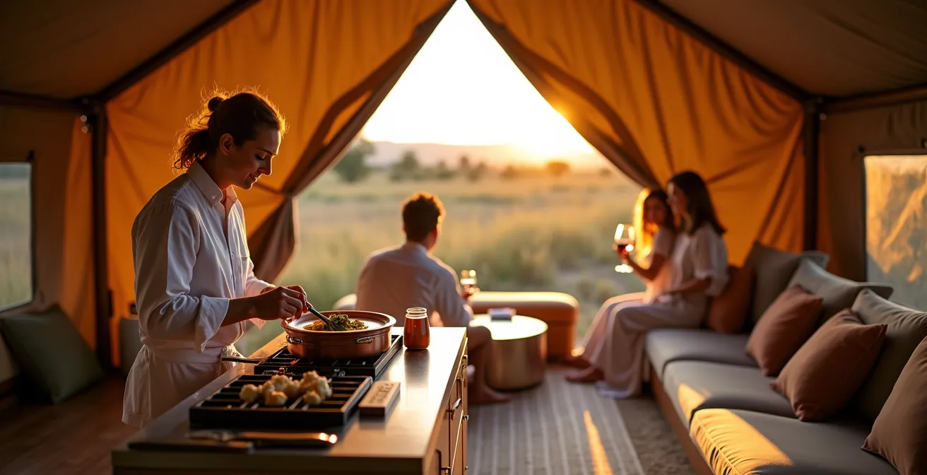 Interior lujoso de una tienda safari con un chef privado preparando la cena, ejemplificando el servicio exclusivo del glamping.