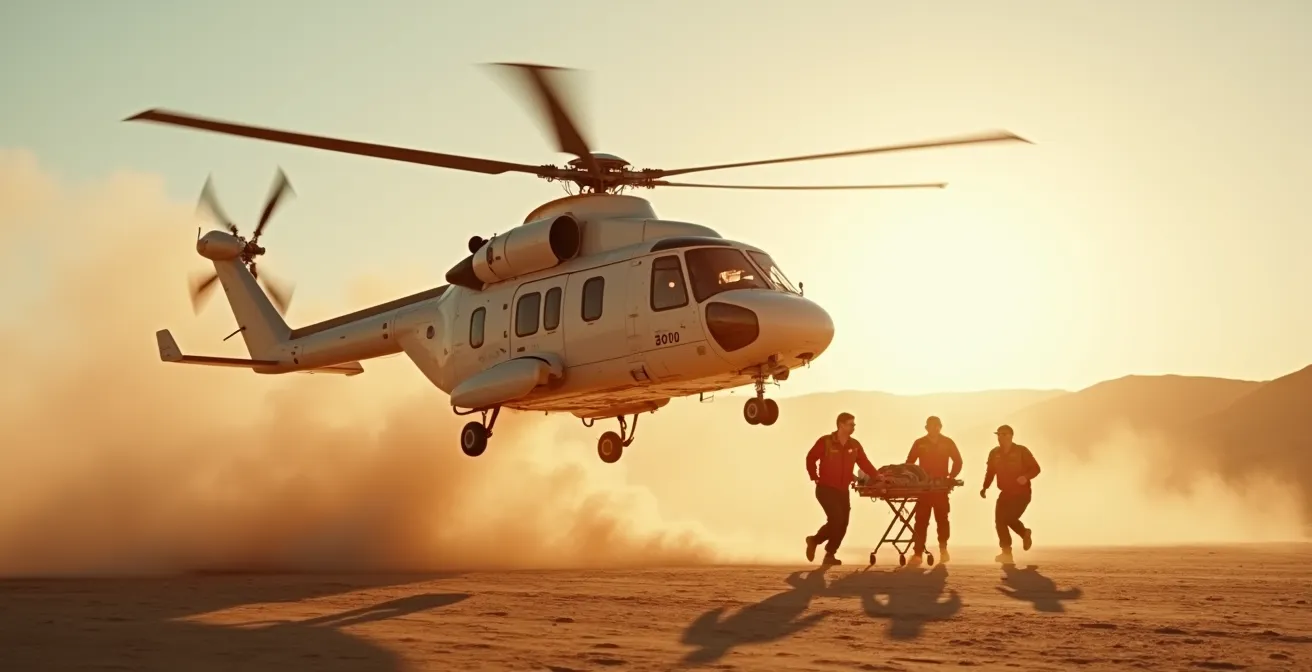 Helicóptero médico aterrizando en zona remota del desierto con equipo de rescate