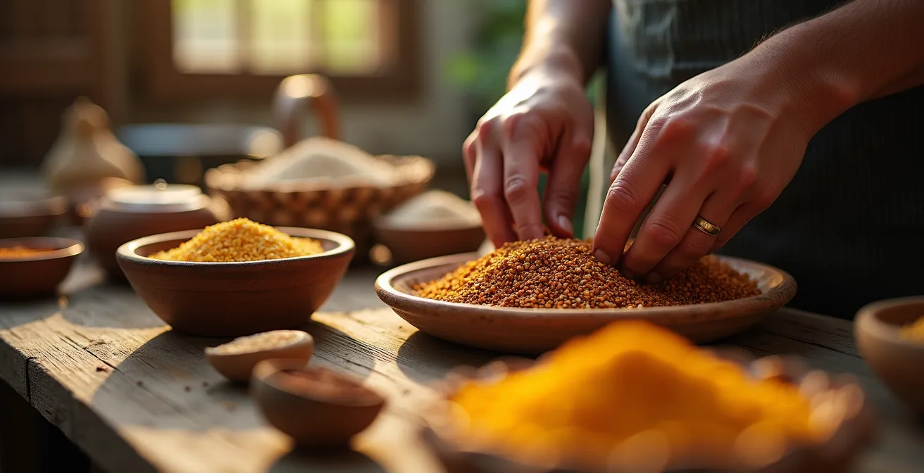 Interior de casa rural con familia local preparando comida tradicional en ambiente acogedor