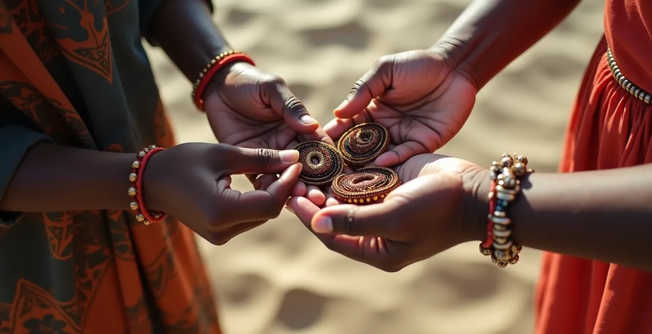 Intercambio respetuoso entre un turista y un artesano local que muestra sus artesanías en la playa de Jambiani