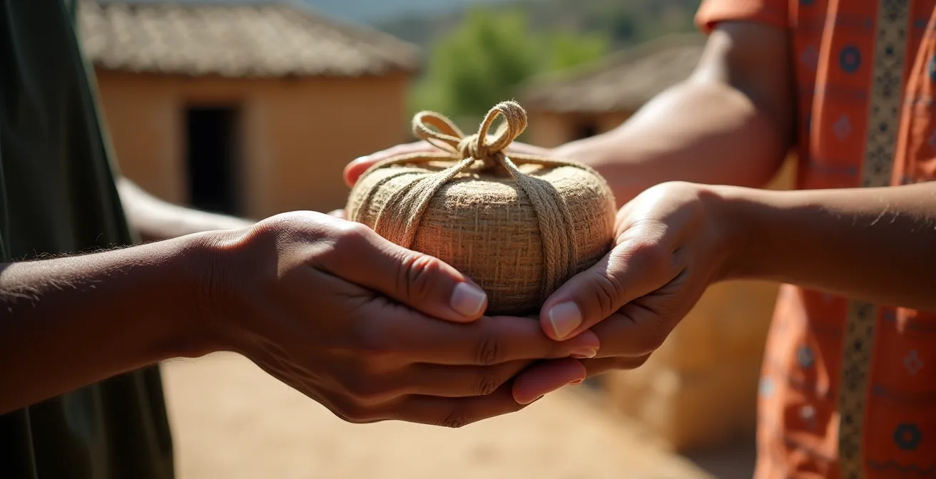 Intercambio de regalos artesanales entre visitante y líder comunitario