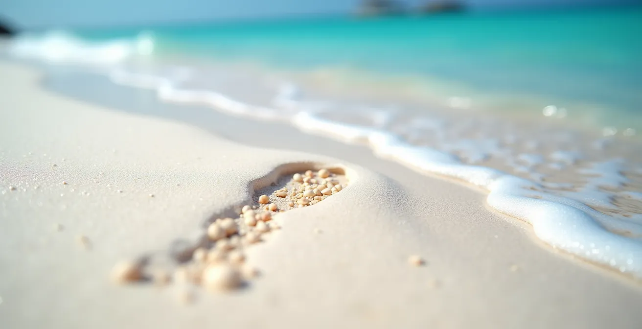 Vista aérea de isla privada en Mozambique con aguas turquesas y playa desierta