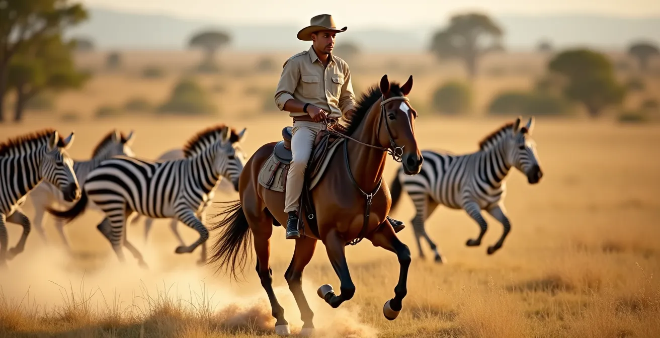 Jinete experto galopando entre manadas de cebras en la sabana africana