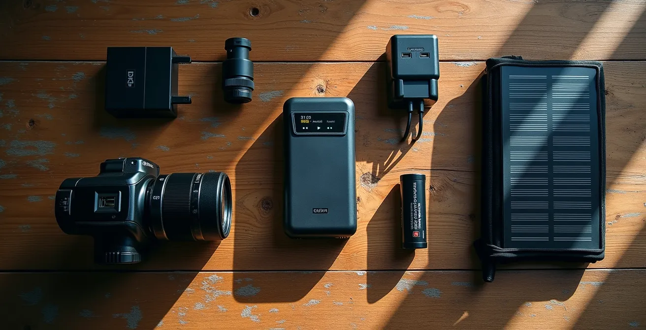 Mesa de campamento con power bank de alta capacidad, panel solar plegable y múltiples baterías de cámara organizadas para carga
