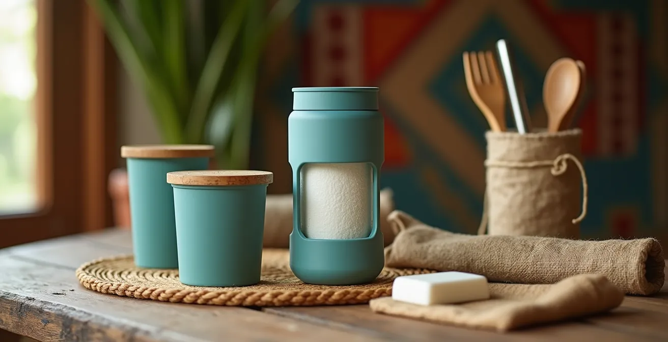 Kit de viajero sostenible con filtro de agua, recipientes plegables y cubiertos de bambú