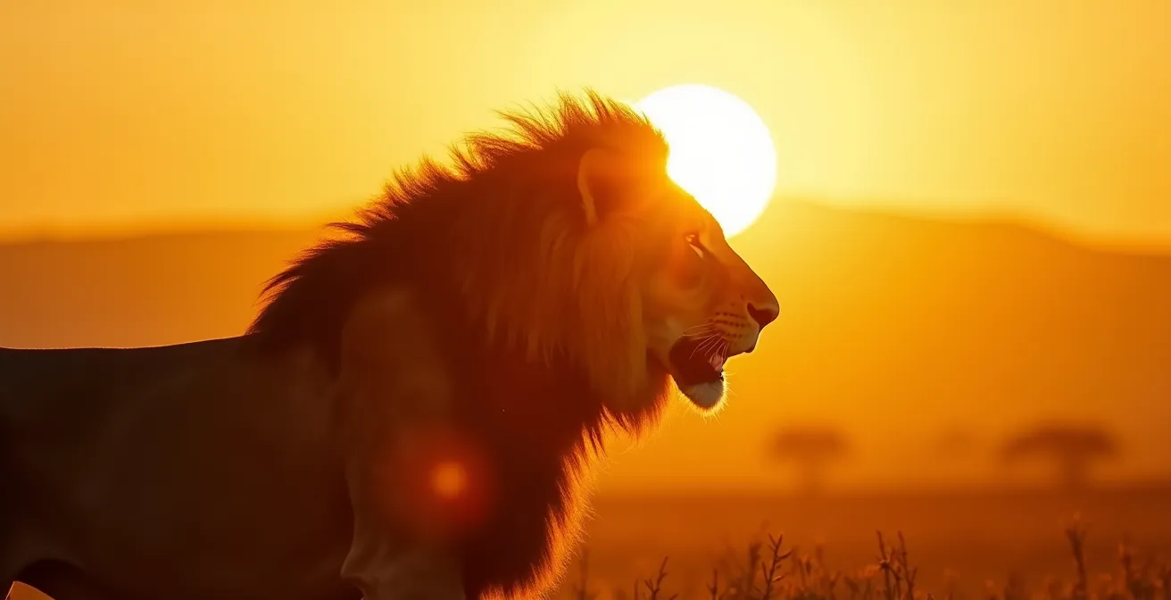 León macho con efecto de luz de contorno dorada en su melena durante el atardecer africano
