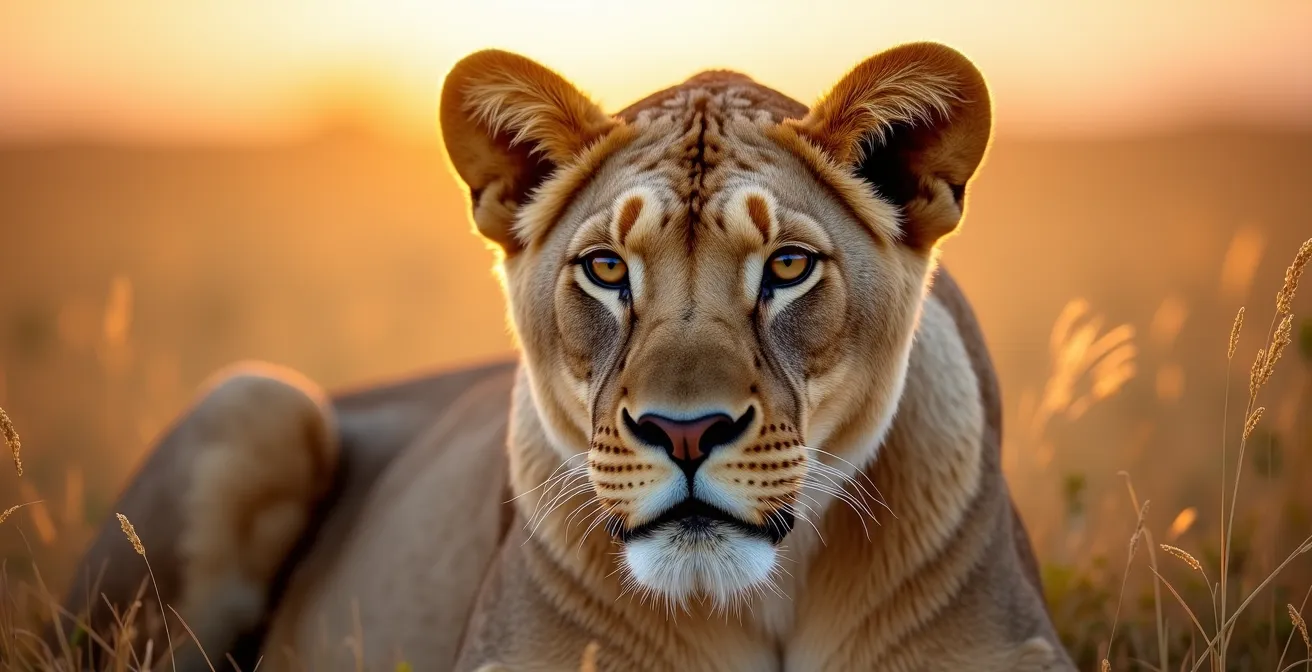 Leona en posición de alerta mostrando señales corporales previas a la cacería en la sabana africana