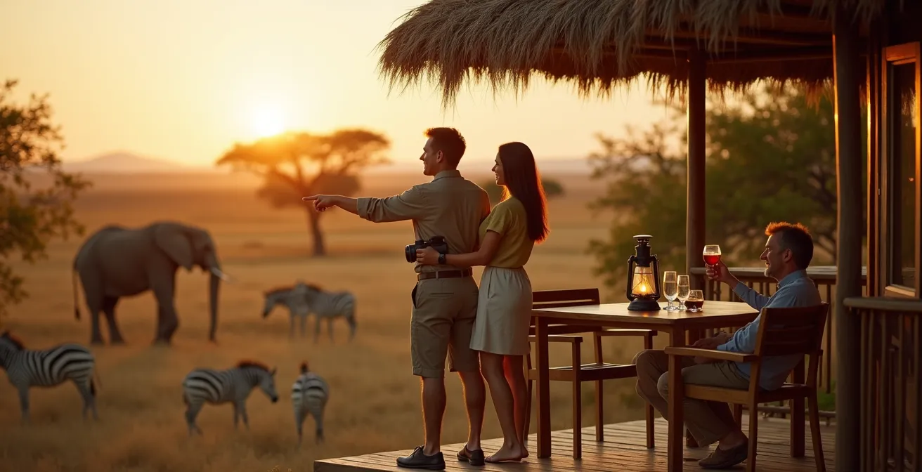 Lodge ecológico con paneles solares integrados en la sabana africana al atardecer