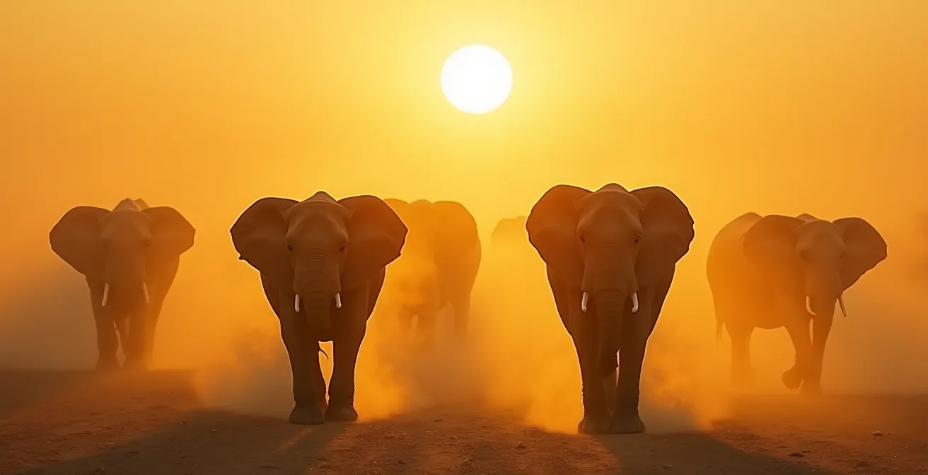 Manada de elefantes caminando entre nubes de polvo dorado retroiluminado por el sol bajo del atardecer