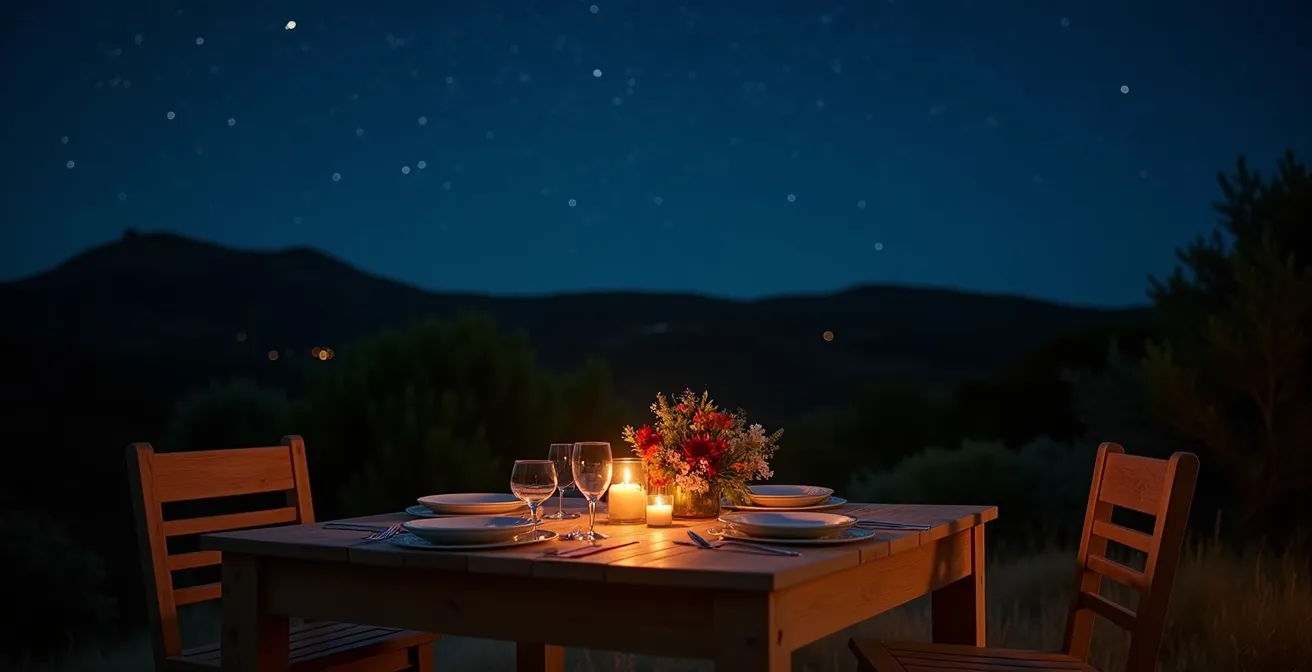 Mesa para dos bajo cielo estrellado en terraza de lodge español, iluminación tenue de velas