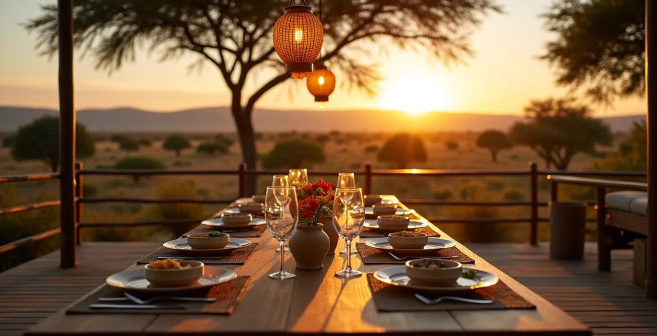Mesa al aire libre con comida en lodge africano durante atardecer dorado