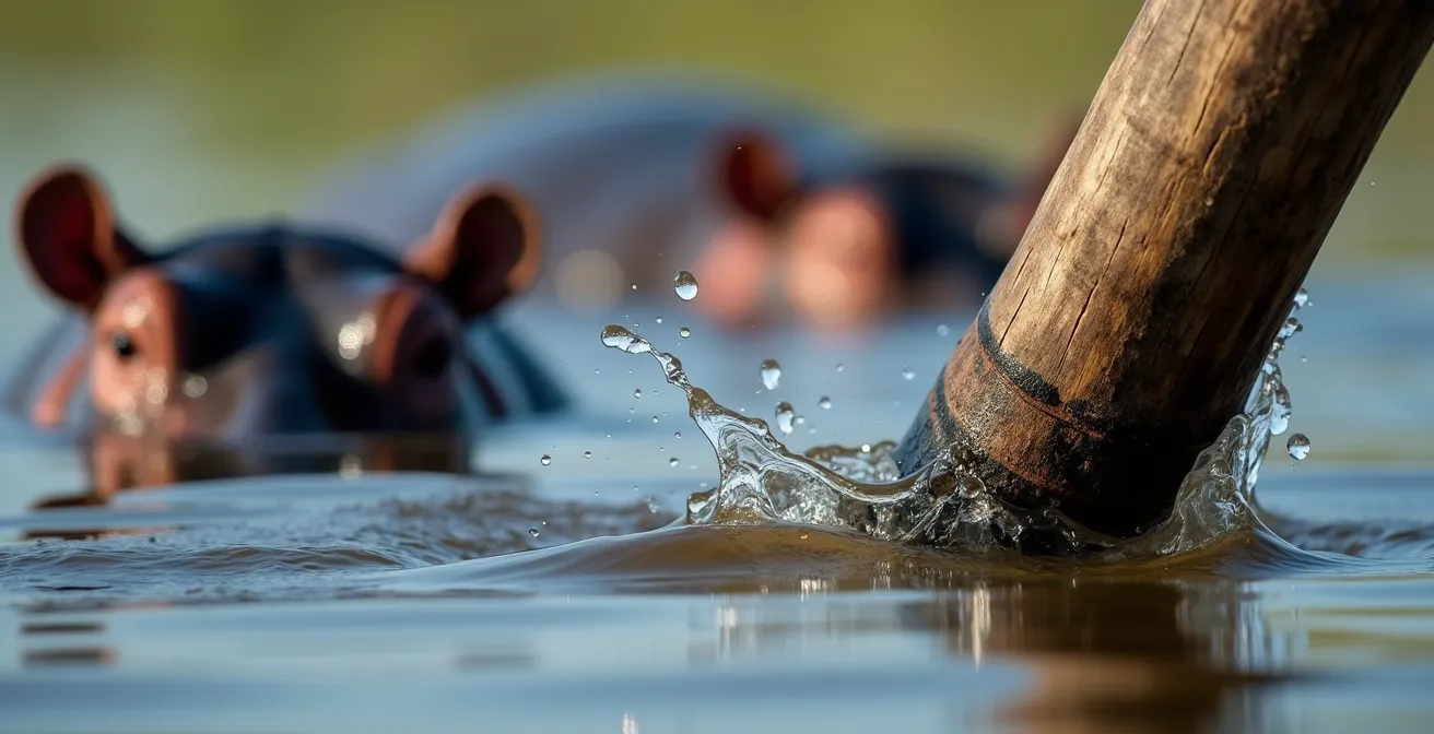 Mokoro tradicional navegando silenciosamente cerca de hipopótamos en el Delta del Okavango