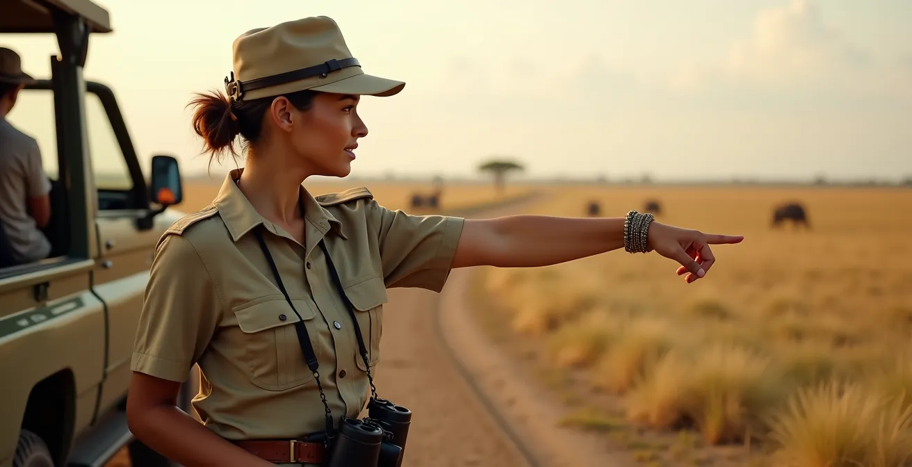 Guía de safari mujer liderando grupo de turistas en la sabana africana